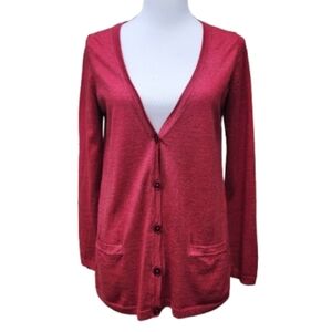 Talbots Red Cardigan Sweater Italian Merino Wool Button-up V-Neck Pockets